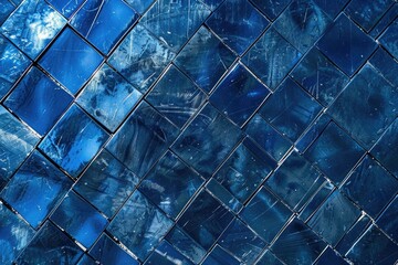 Poster - A detailed view of a blue glazed tile wall with geometric patterns and texture