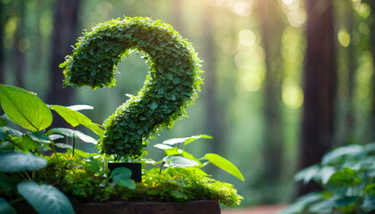 question mark symbol covered in lush green plants against a vibrant green background. The image includes ample space on the right side for captions or text, highlighting nature and inquiry themes