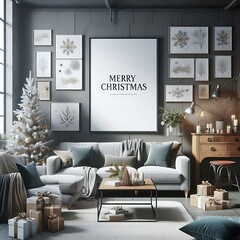 Wall Mural - A living room style interior set design with a mockup poster empty white and with a christmas tree and a couch creative engaging.