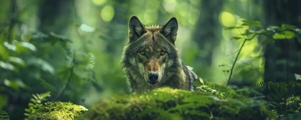 Wolf in a clean green wild summer nature, animal concept banner. Generative AI.