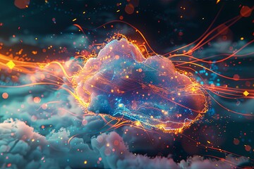 Fototapete - A digital artwork depicting cloud computing as a glowing cloud with interwoven lines representing data transfer and processing. Generative AI