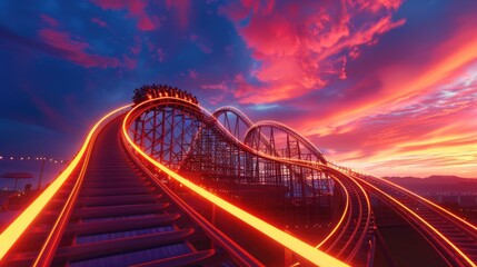 Aufkleber - A roller coaster ride going down a track at sunset with vibrant colors and shadows