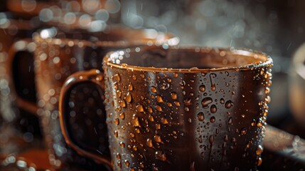 Aufkleber - A close-up view of two coffee mugs on a table, perfect for lifestyle or food-related uses