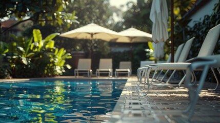 Poster - A set of chairs and umbrellas near a swimming pool, perfect for lounging or having a picnic