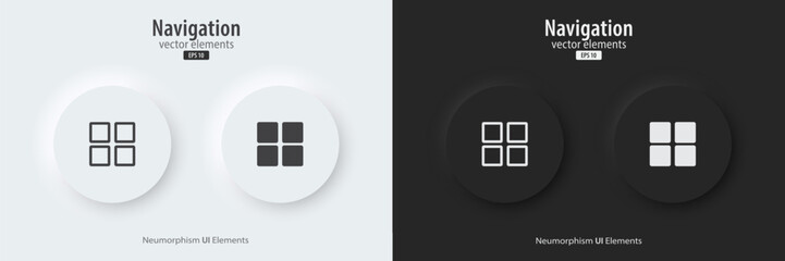 Poster - Navigation icon. A set of black and white round buttons with a Navigation symbols. 3d icon in trendy neumorphic style for apps, websites, and interfaces. UI UX element. Vector illustration.