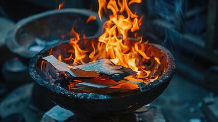 Aufkleber - A fiery scene with a book placed on top of burning embers, often used for dramatic or mysterious purposes