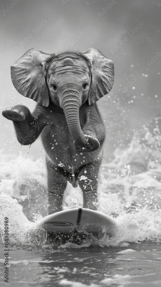 determined baby elephant rides a surfboard through stormy waves, facing ...
