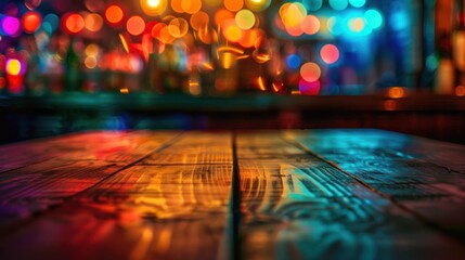 Poster - empty wooden table with a soft neon light bokeh background, 