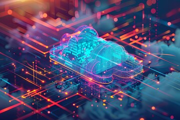 Fototapete - An abstract visualization of cloud computing with digital elements representing data processing and AI operations in the cloud. Generative AI
