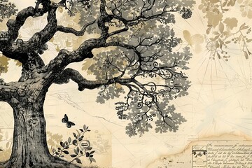 Poster - Whimsical Oak Tree and Ephemera Border