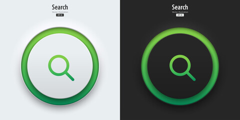 Aufkleber - Search icon. A set of black and white buttons have green neon lights with search symbols. 3D icon in trendy neumorphic style for apps, websites, interfaces. UI UX elements. Vector illustration.