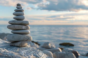 Wall Mural - A stack of rocks perched on another rock near the coastline, with the ocean in the background