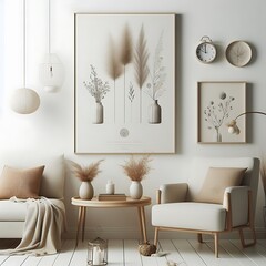 Wall Mural - A living room style interior set design with a mockup poster empty white and with a picture of plants and a table optimized unique.