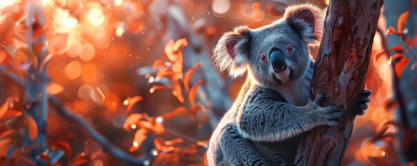 Young cute koala sitting on tree in wild nature, animal concept banner. Generative AI.