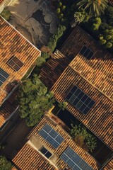 Wall Mural - Aerial view of a rooftop covered with solar panels