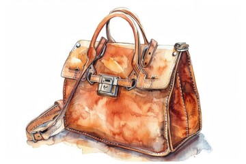 Poster - A watercolor painting of a stylish handbag placed on a white background, perfect for use in fashion or lifestyle content
