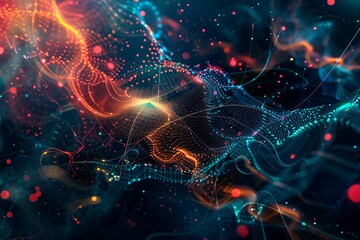 Poster - A colorful abstract depiction of a neural network, showcasing the interconnected nodes and lines representing data flow and learning in artificial intelligence. Generative AI