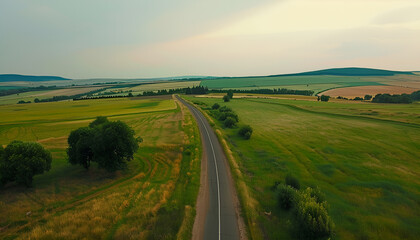 Wall Mural - Winding road, top view of beautiful aerial view of asphalt road, highway through forest and fields