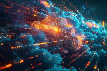 Fototapete - An abstract illustration depicting a cloud computing environment with digital elements representing data processing and AI operations within the cloud. Generative AI