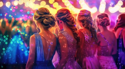 A Group of teenage girls wearing dresses at a party