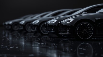 Wall Mural - A row of black sedans with a generic, modern design stands on a wet surface after rain. The luxury fleet is isolated against a dark background.