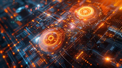 Aufkleber - Abstract depiction of a futuristic cybersecurity network, showcasing digital locks, shields, and network nodes, all protected by AI algorithms. Generative AI