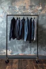 Poster - A close-up shot of a rack of jeans hanging on a wall, with the clothes neatly organized