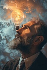 Poster - A person with a beard holding a light bulb, ideal for illustrations or graphic design projects