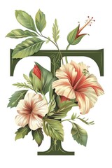 Poster - A decorative letter T adorned with flowers and leaves, a unique design element for various uses