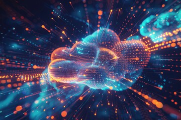 Leinwandbilder - A 3D illustration of a cloud computing network with digital elements representing data processing and AI operations. Generative AI