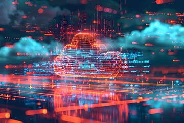 Fototapete - An abstract visualization of cloud computing with digital elements representing data processing and AI operations in the cloud. Generative AI