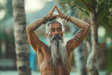 A 50-year-old man with gray beard and hair, fit body, practicing yoga outdoors for a healthy lifestyle.