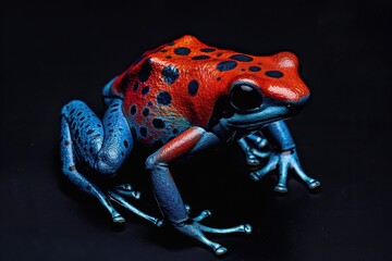 Poster - A close-up of a brightly colored frog perched on a dark surface, highlighting its vibrant colors