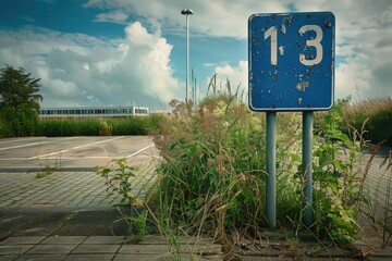 Aufkleber - A blue street sign sitting on the side of a road, useful for scenes or stories about directions, travel, and adventure