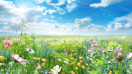 Wall Mural - springtime meadow with a variety of colorful flowers, including pink, purple, yellow, and white blooms, set against a blue sky with white clouds