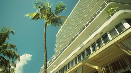 Poster - A palm tree stands in front of a tall white building, providing shade and beauty to the surrounding area