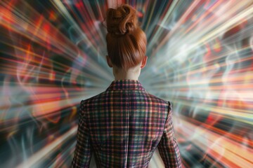 Poster - A woman stands in front of a vibrant colored background, ideal for use in marketing and design projects