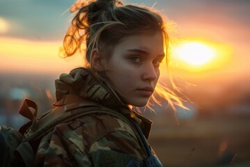 Poster - A woman standing outdoors, admiring the sunset with her backpack by her side