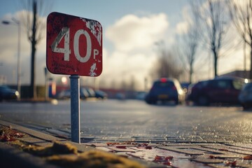 Aufkleber - A red sign sitting on the side of a road, likely warning or directing traffic