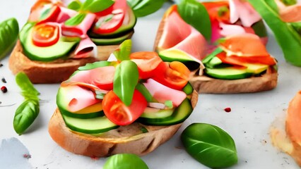 Wall Mural - Fresh open sandwiches with tomatoes, ham, and cucumbers on rustic table