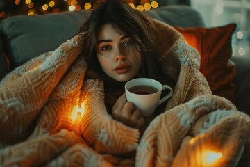 Wall Mural - A person enjoying a warm beverage while wrapped in a cozy blanket