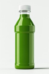 Poster - A clear glass bottle filled with green juice on a clean white surface, great for healthy living and wellness concepts