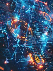 Aufkleber - Abstract depiction of a futuristic cybersecurity network with digital locks, shields, and network nodes, protected by AI algorithms. Generative AI
