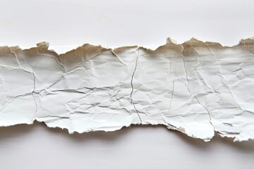 Poster - A close-up shot of a torn paper fragment on a white surface, with rough edges and fibers visible