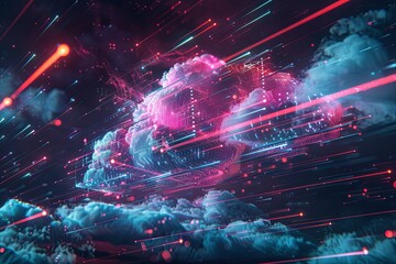 Leinwandbilder - A futuristic digital visualization of cloud computing with glowing data streams and AI operations within a cloud. Generative AI