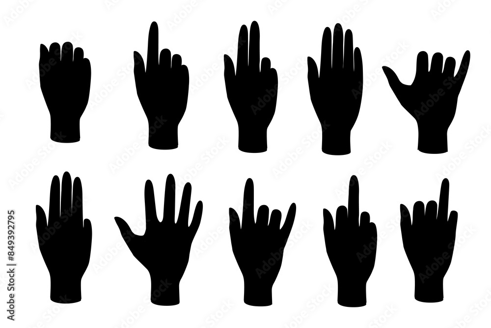 Black silhouette set of human hand palm gestures vector illustration ...