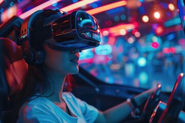 Poster - A person wearing a virtual reality headset sits in a vehicle, possibly commuting or traveling