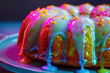 Wall Mural - A delicious-looking bundt cake with creamy icing and colorful sprinkles on a plate, perfect for a special occasion or as a sweet treat