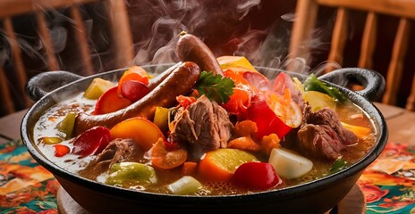 Wall Mural - traditional portuguese stew, the Cozido à Portuguesa, The base of this dish is beef, pork, chicken, chorizo, black pudding, Portuguese cabbage, kale, carrot, potatoes and turnips. - 1