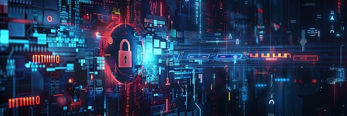 Aufkleber - An abstract representation of cybersecurity elements, including digital locks, shields, and network nodes, safeguarded by AI algorithms. Generative AI